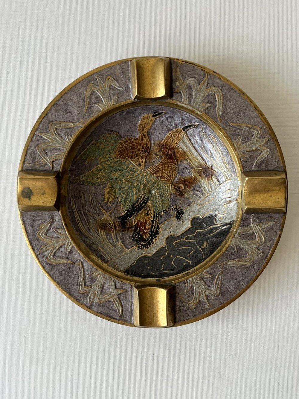 Vintage Brass Metal Crane Bird Ashtray